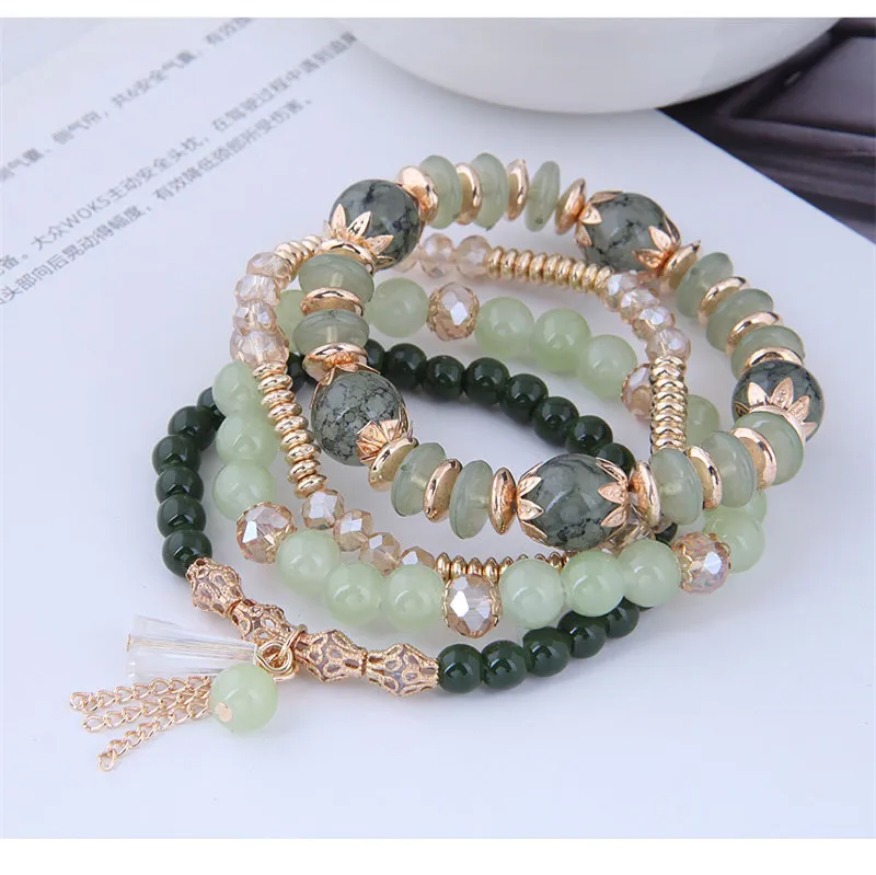 Kymyad Korea Trendy Fashion Green Crystal Stone Bracelets For Women Gold Color Tassel Chains Charm Bracelet Femme Beads Pulseras