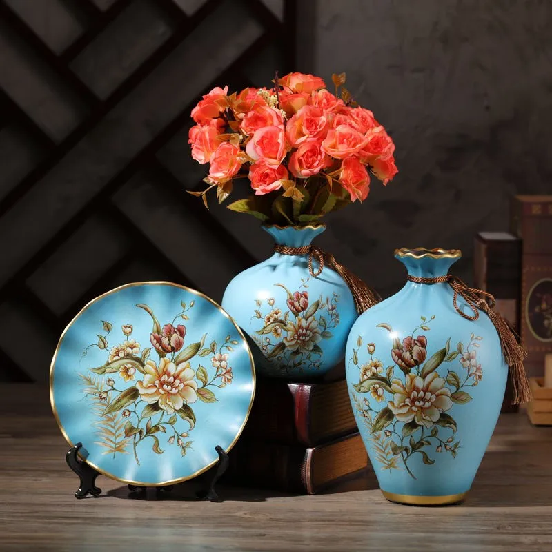 3Pcs）European Ceramic Vase Dried Flowers Flower Arrangement Wobble Plate Living Room Entrance Ornaments Home Decorations