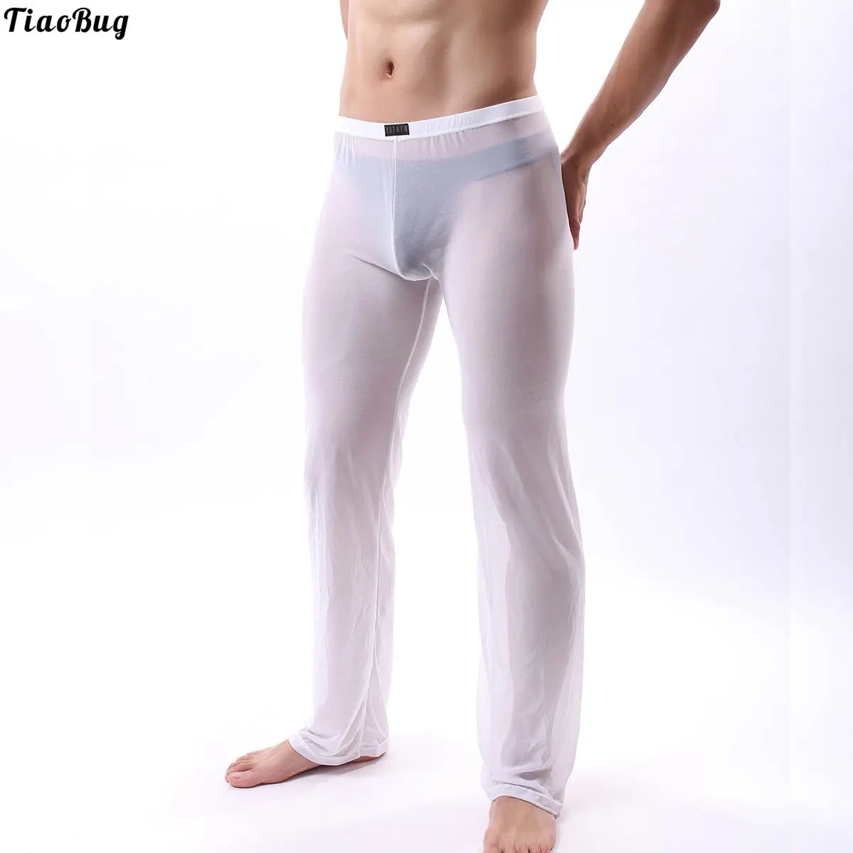 TiaoBug Men Casual See-Though Mesh Pajama Bottoms Ultra-Thin Pants Low Waist Elastic Waistband Trousers Nightwear Swimwear