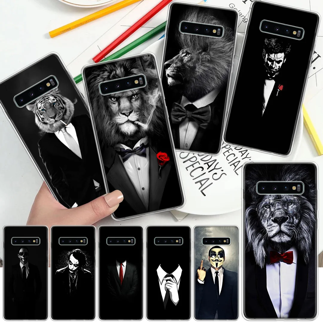 Lion Man Suit Shirt Tie Black Animal Phone Case For Samsung Galaxy S21 S20 FE S22 S23 S24 Ultra S10 Plus S9 + S8 S10E Soft Cover