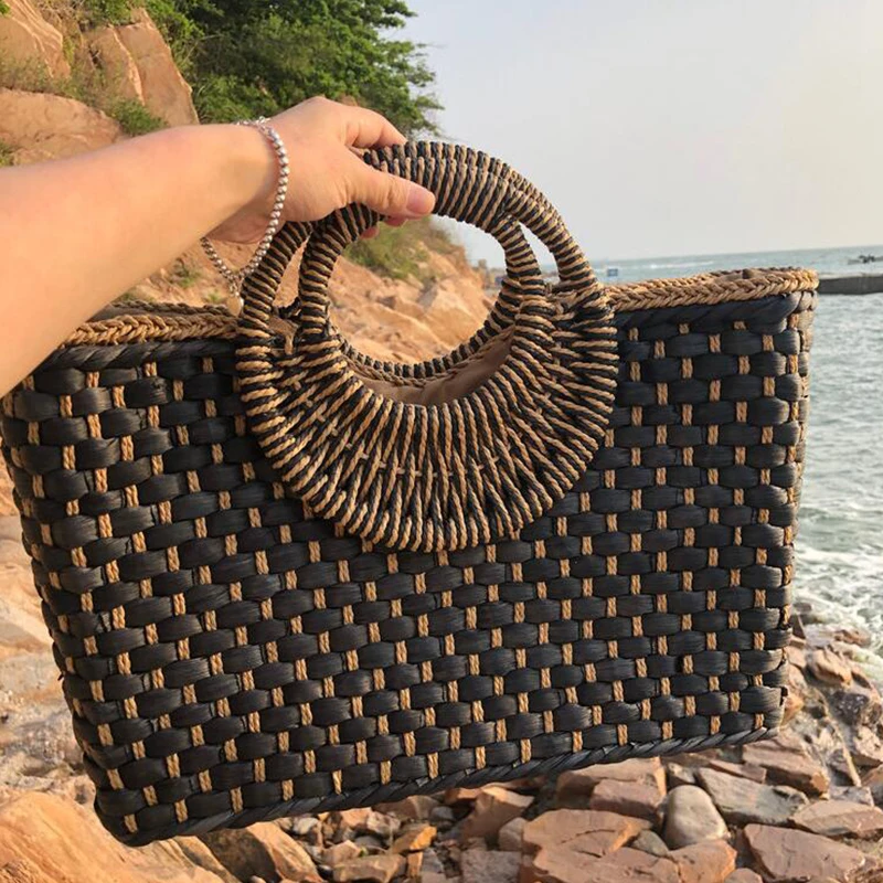 

Fashion Straw Summer Women Beach Handbags Female Vacation Travel Handbags Designer Lady Retro Rattan Handmade Tote Bag Shooping