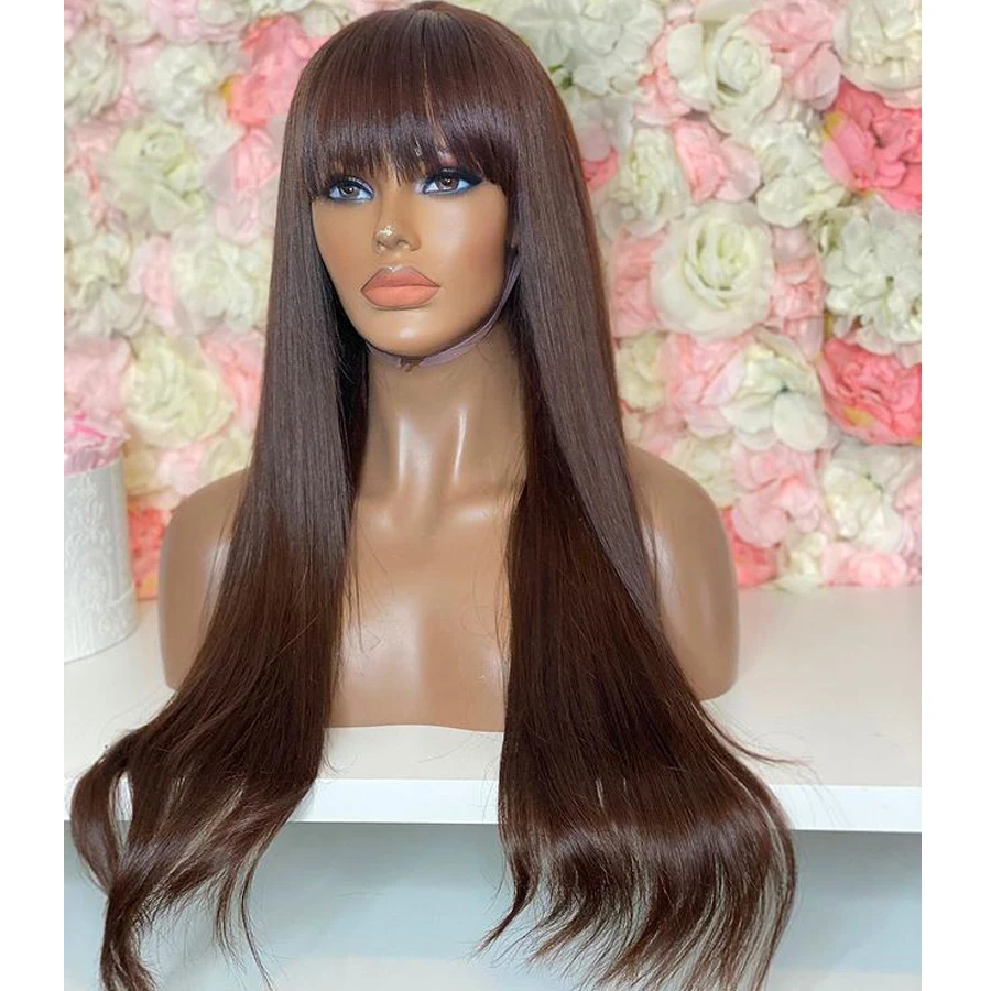 

Brazilian Chocolate Brown Silky Straight Human Hair Wigs with Bangs 200Density Pre Plucked Fringe 13x6 Lace Front Wigs Remy Hair