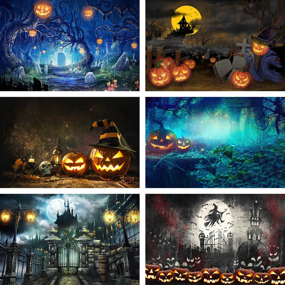 Halloween Photography Backdrops Pumpkin Lantern Castle Tombstone Skull Party Decor Child Background Photo Studio Photocall Props