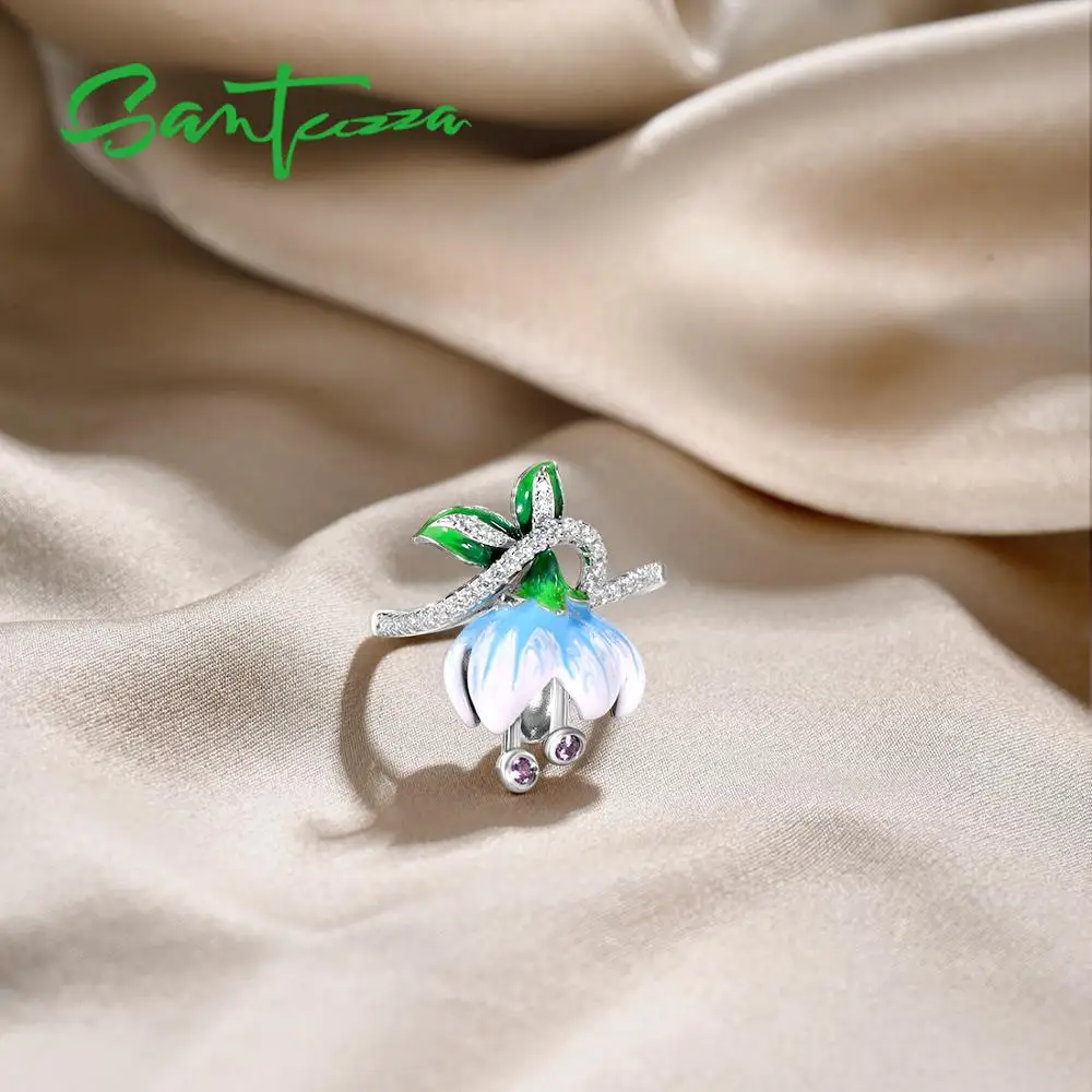 SANTUZZA Silver Rings For Women Genuine 925 Sterling Silver Exquisite White Blooming Flower Fine Jewelry Handmade Enamel