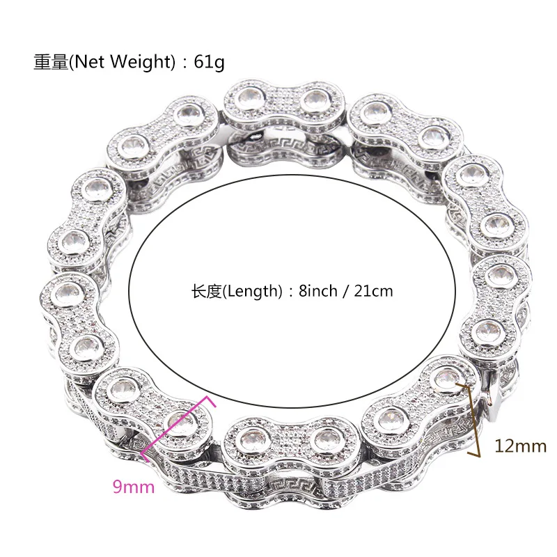 Hip Hop Bling Iced Out CZ Stone Bicycle Chain Bracelet For Men Rapper Jewelry Drop Shipping