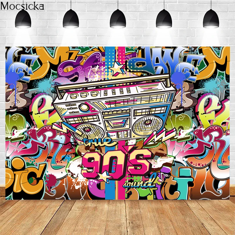 Fondo de cumpleaños con tema de los 80 y 90, fondo de fotografía Hi Pop de los años 90, música, Graffiti, pared, cartel para fiesta de cumpleaños
