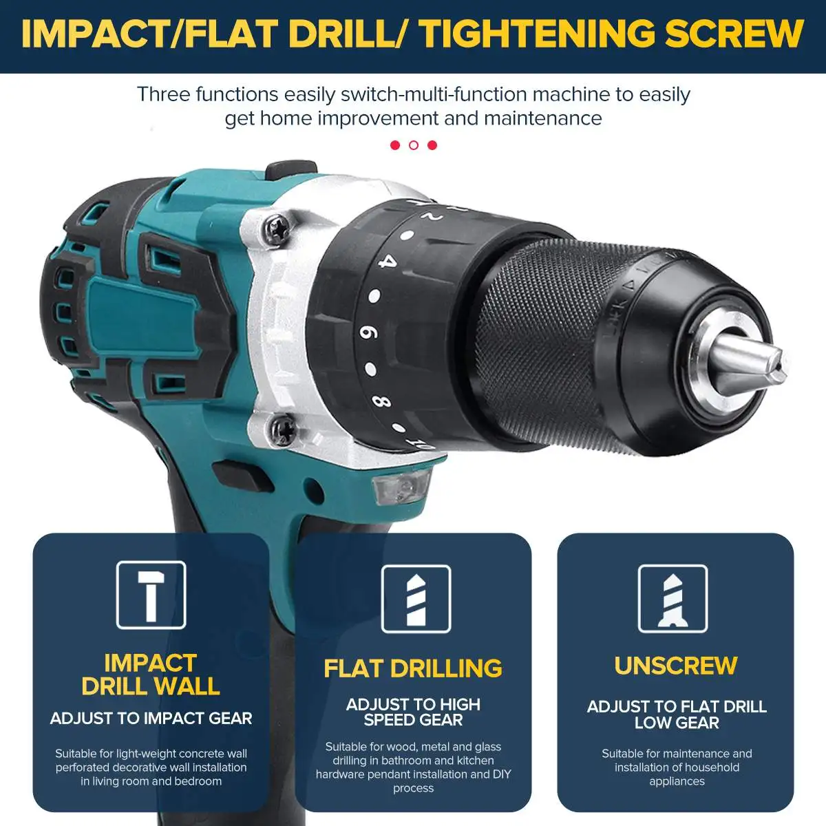 3 in 1 13mm Brushless Electric Impact Drill Hammer 2 Speed Cordless Screwdriver 20+3 Torque Power Tool for Makita 18V Battery