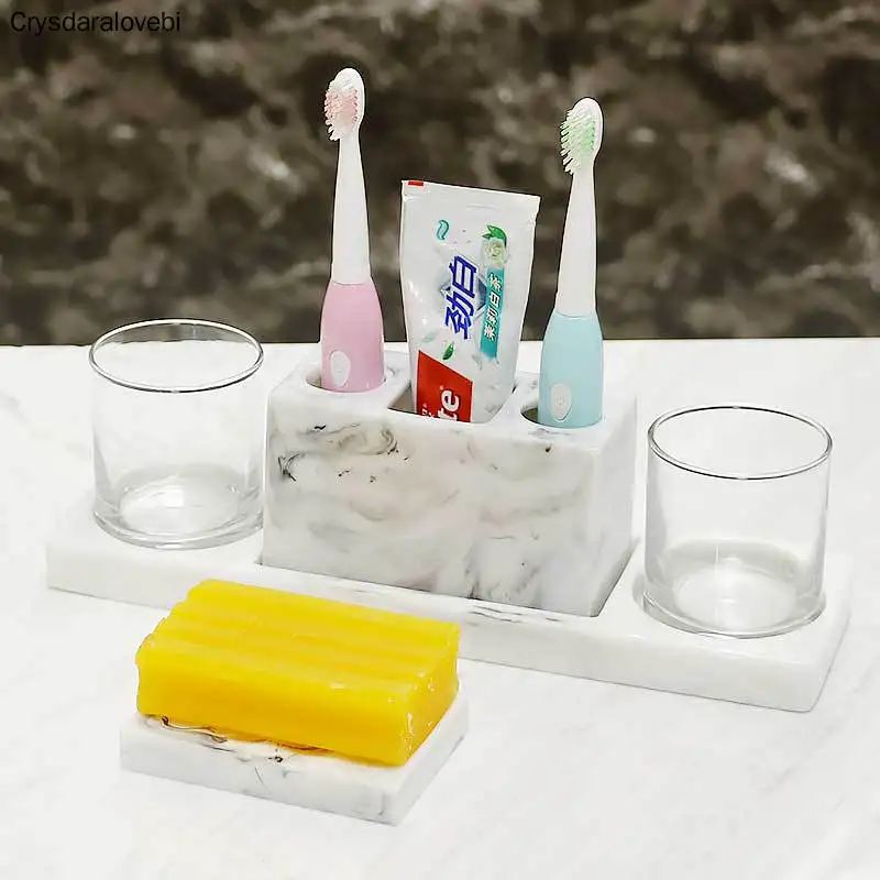 Bathroom Kit Marble Pattern Electric Toothbrush Holder Bathroom Set Tray Glass Toothbrush Cup Soap Box Bathroom Accessories Set