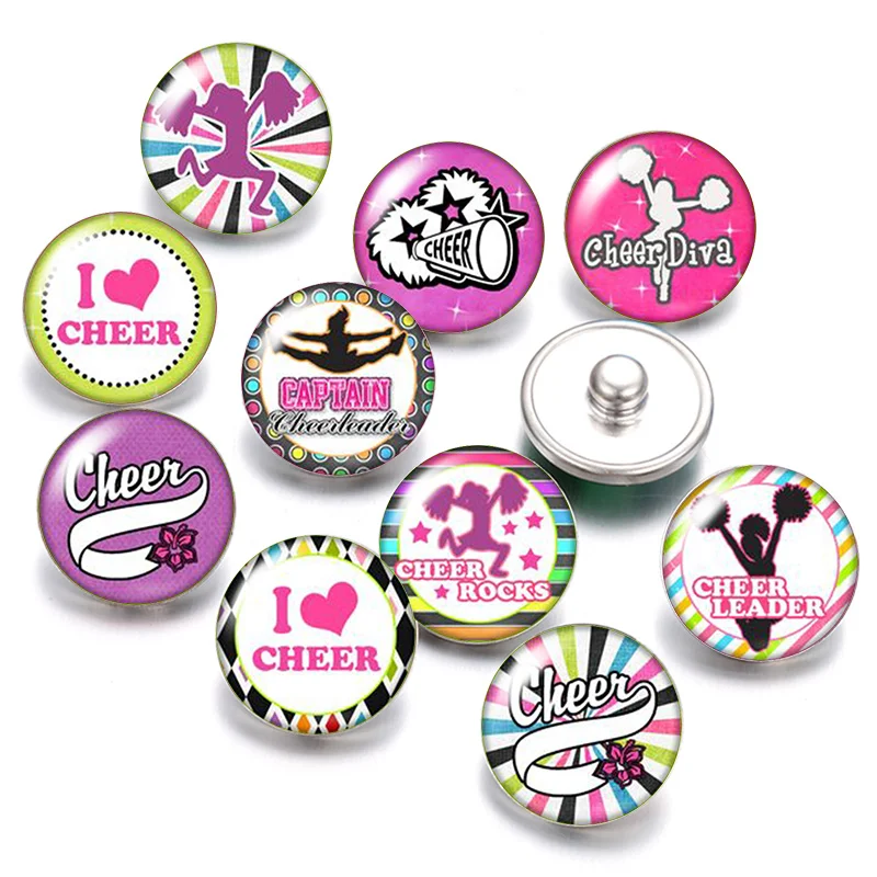 DB0549 Cheer Cheerleader 18mm snap buttons 10pcs mixed round photo glass cabochon style for snap button jewelry