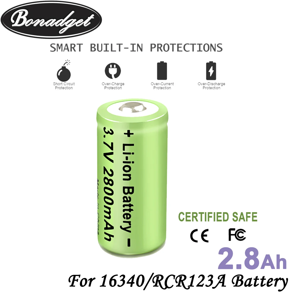 Bonadget 3.7V 2800mAh Li-ion For 16340 Battery CR123A Rechargeable Batteries CR123 for LED Flashlight Cell,Security Camera