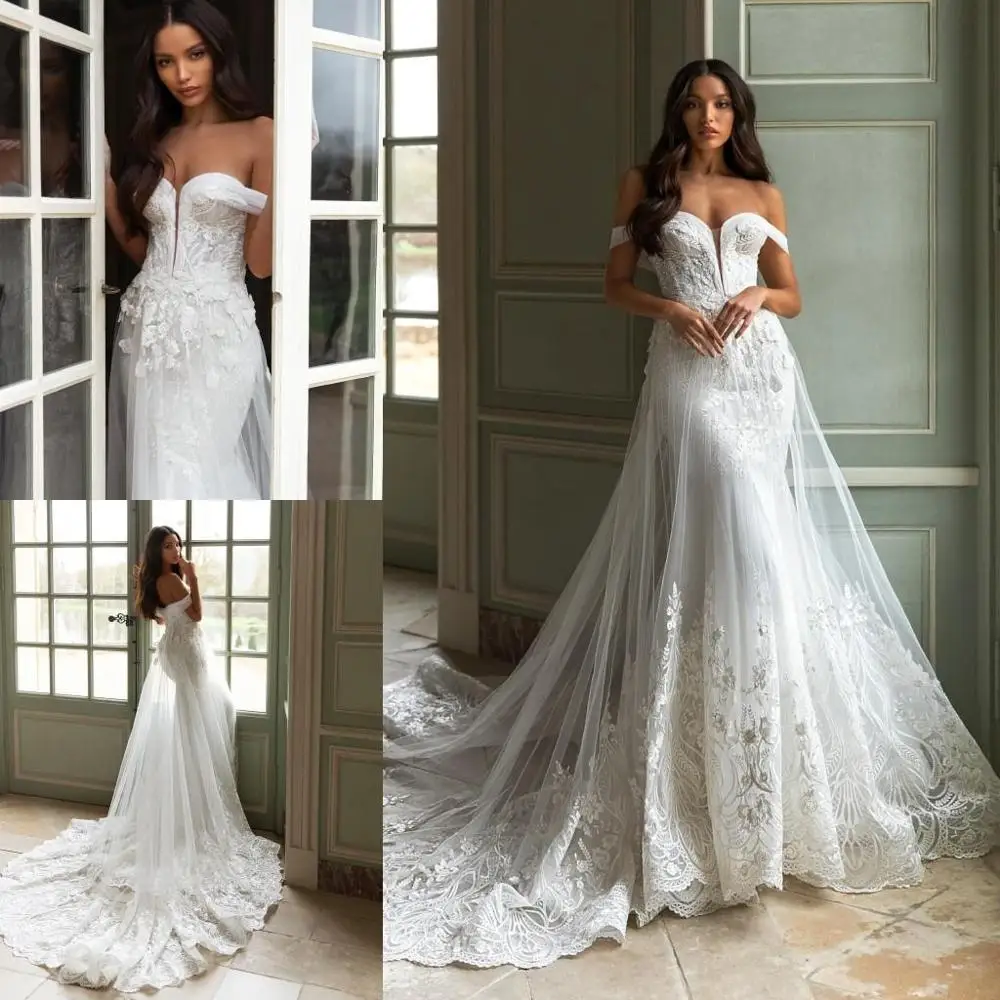 Amazing Lace Mermaid Beaded Wedding Dresses Off The Shoulder Plunging Neck Bridal Gowns Sweep Train Plus Size Robe De Mariée