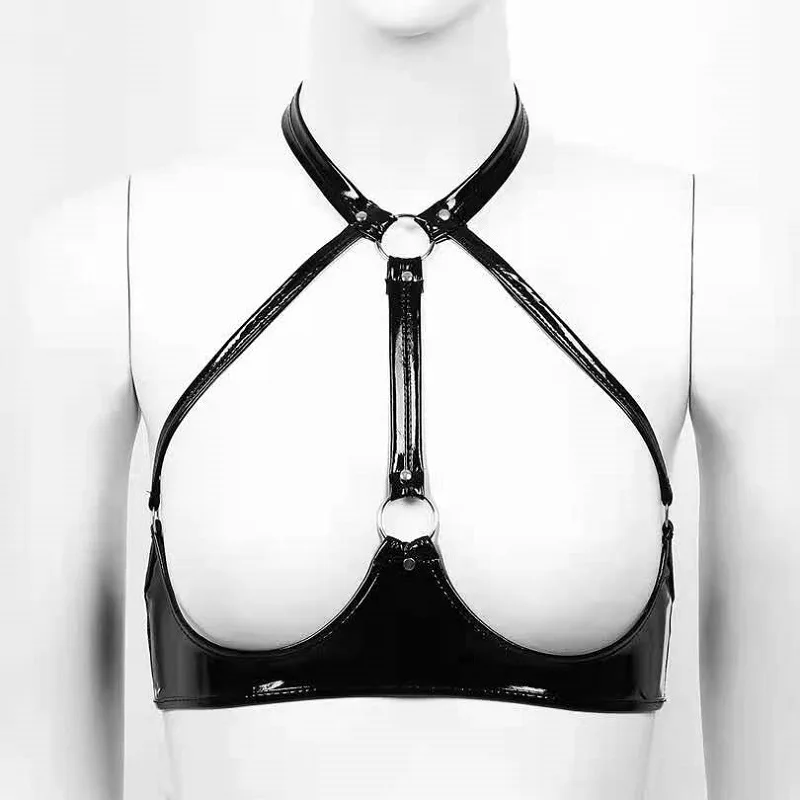 Women Sexy Glossy Open Cup Leather Bra Hollow Out Shaping Camisole Porn Breast Exposing Latex Shiny Leather Crop Tank Tops Sexi