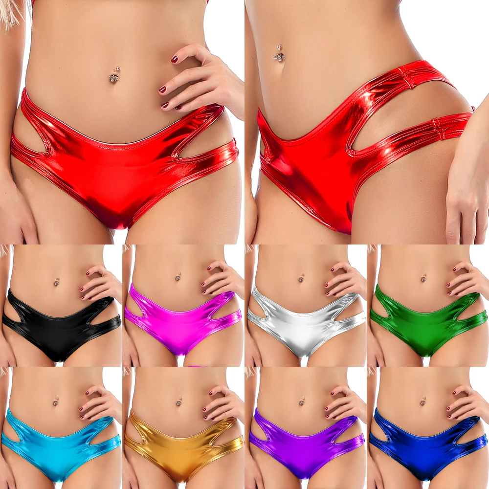 

Womens Shiny Metallic Hollow Out Briefs PU Leather Hot Shorts Underwear Rave Dance Clubwear Pole Dancing Panties