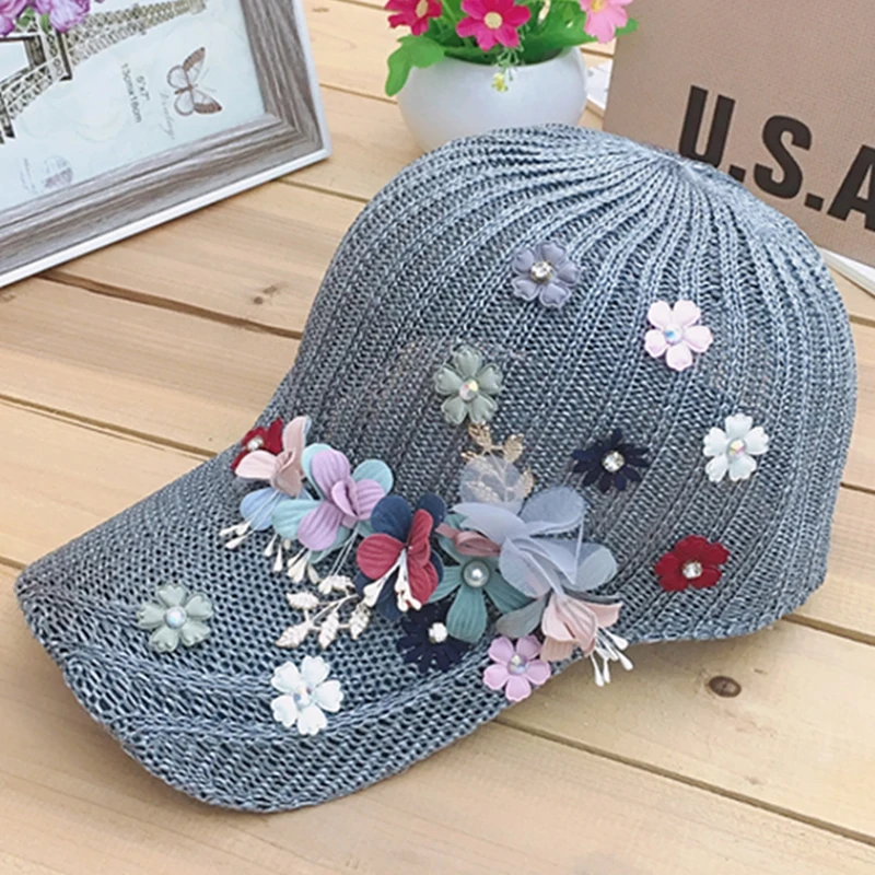 Elegant Women\'s Baseball Cap Hot Diamond Flower Girls Snapback Hats Woman Female Cap Mesh Summer Sun Hat