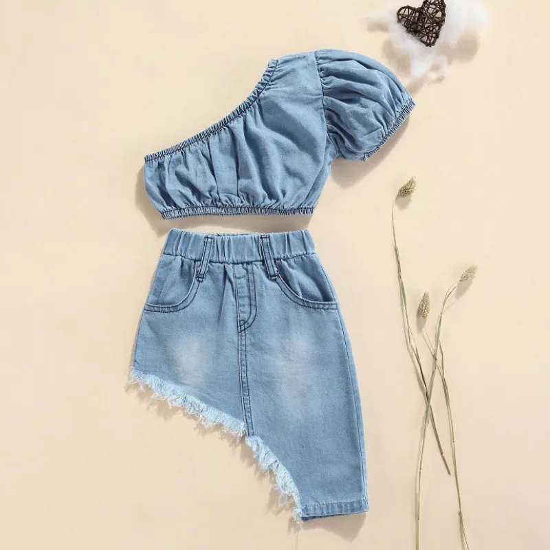 Girls Denim Clothes Set, Solid Color Short Sleeve Off-shoulder Cropped Tops + Irregular Hem Skirt