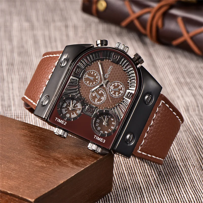 Oulm 9315 Big Size Men\'s Watches Three Time Zone Outdoor Sports Watch Male Casual Leather Strap Men Wristwatches Dropshipping