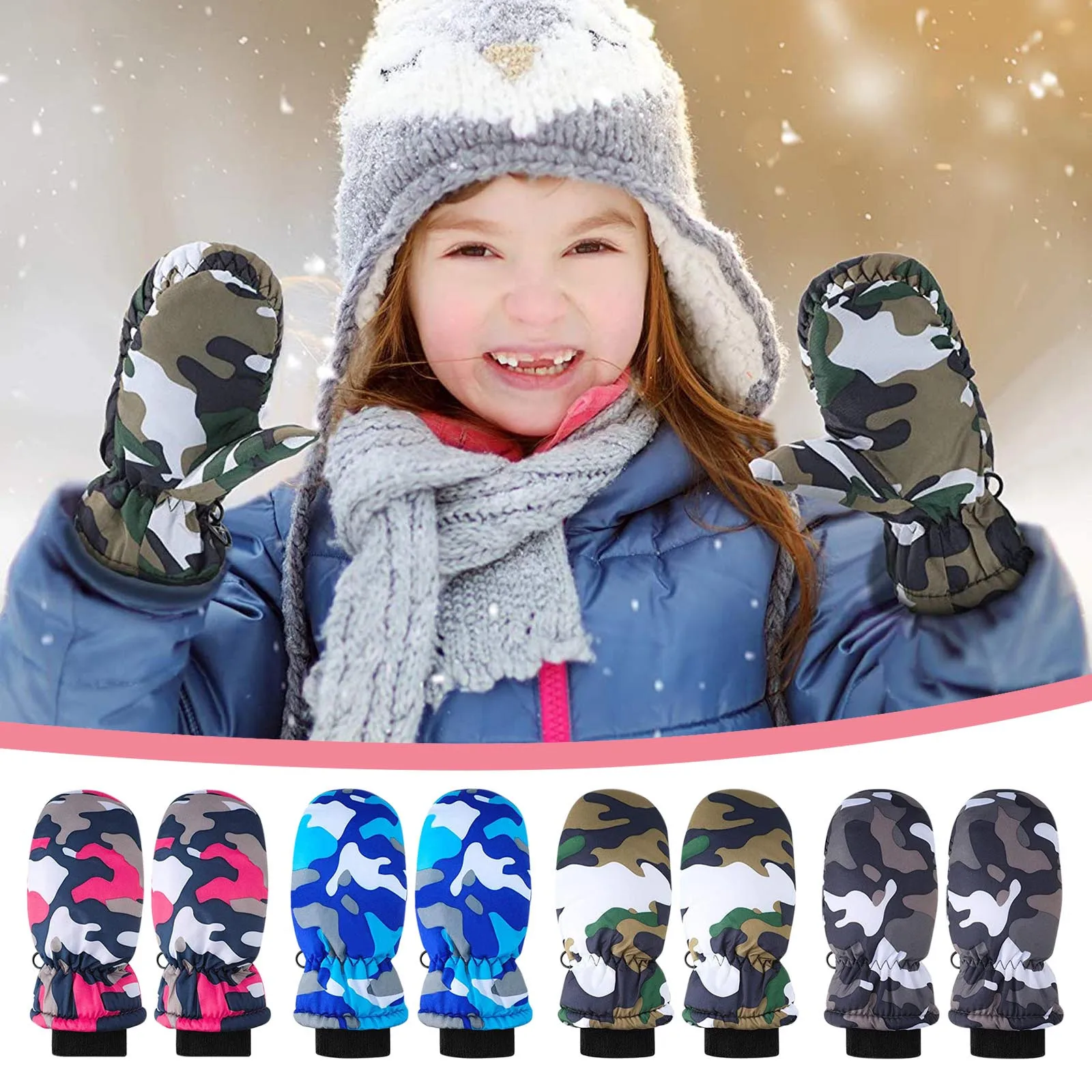 1Pair Children Kids Winter Warm Solid Color Gloves Boy Girls Ski Long-sleeved Mitten Windproof Waterproof Thicken Warm Gloves