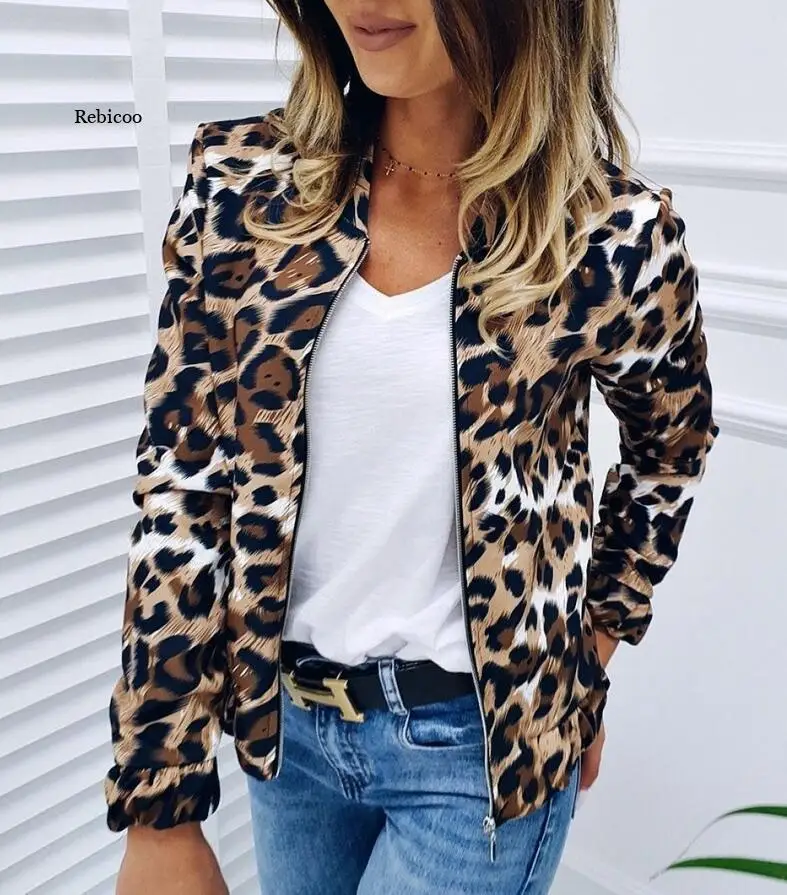 

Women's Leopard Print Zip-Up Jacket Autumn Retro Coat Winter Basic Long Sleeve Short Motorcycle Biker Jackets