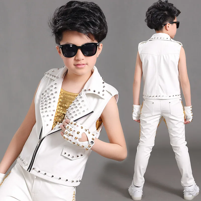 Boys Jazz Dance Costume Stud Leather Pants Jacket Gold Sequined Vest Children Singer Hiphop Stage Performance Costume DNV14066