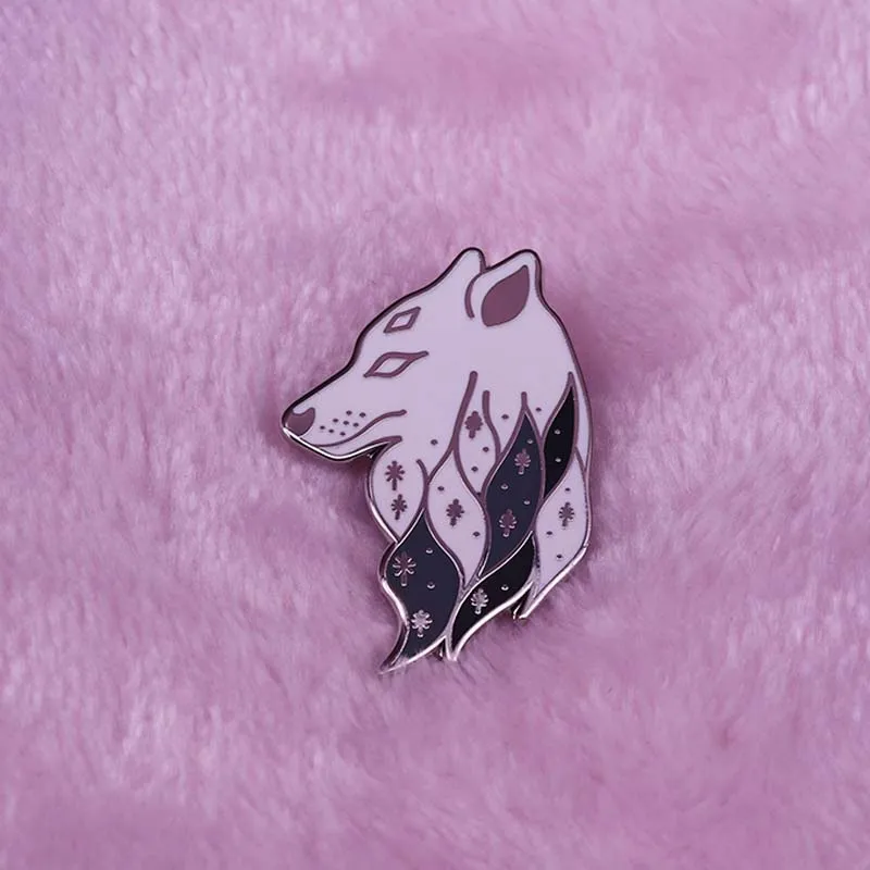 Cosmic Wolf enamel pin moon stars brooch badge