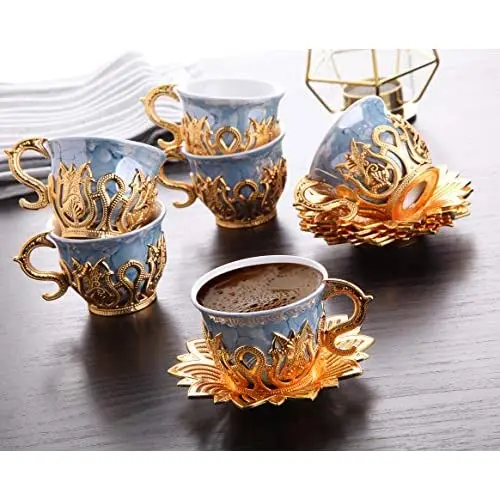 Luxury Porcelain Turkish Coffee Cups Set of 6 and Saucers 4 oz. Gold Espresso Serving Cups Set, Greek Coffee, Demitasse Coffee C