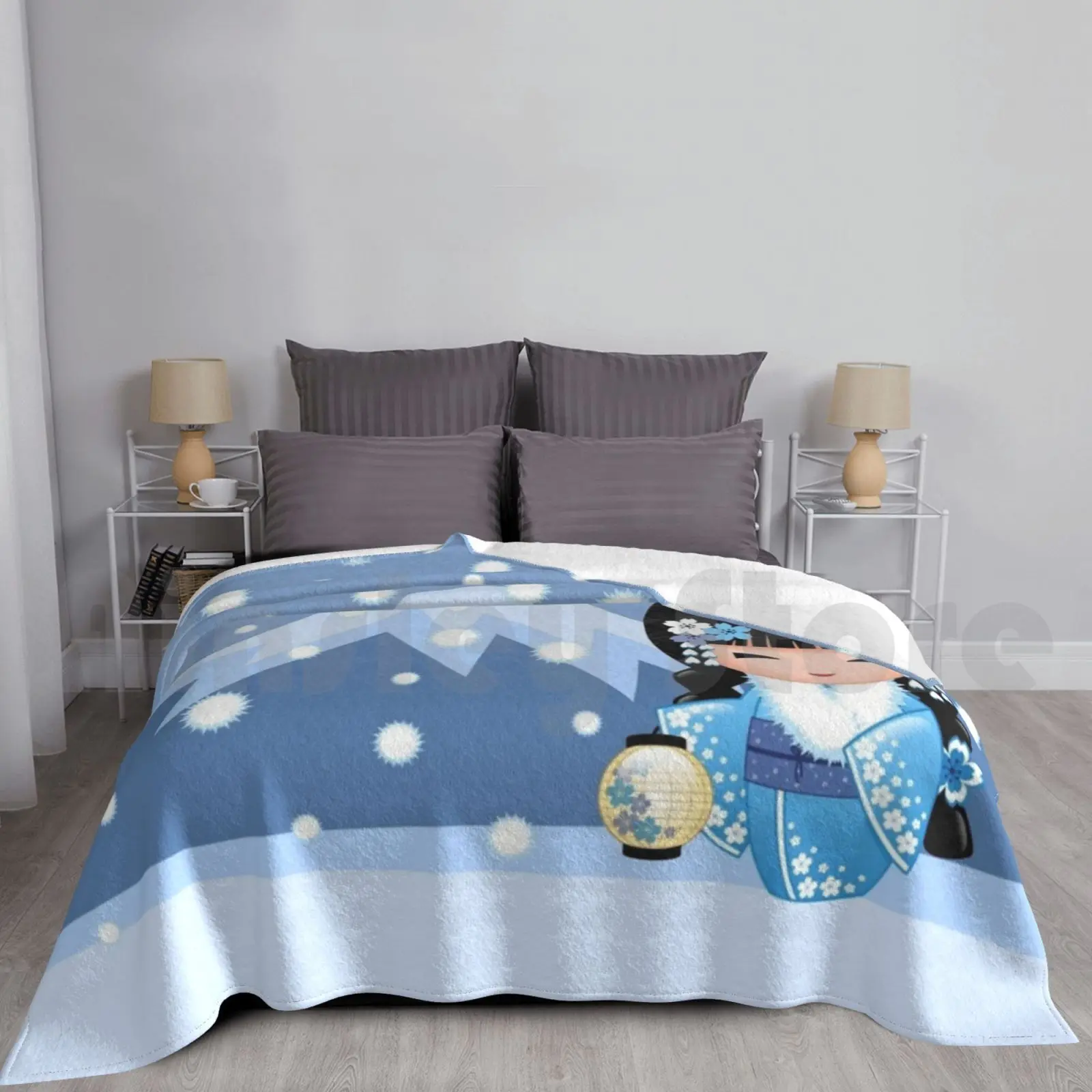 Winter Kokeshi Doll V2 Blanket For Sofa Bed Travel Winter Kokeshi Doll Geisha Kimono Cute Girly Chibi Kawaii