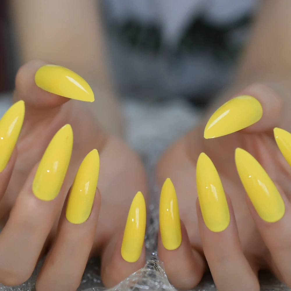 Faux doigts structurels ents extra longs, jaune fluo, à pression, stiletto, brillant, gel, rubans adhésifs gratuits, N64