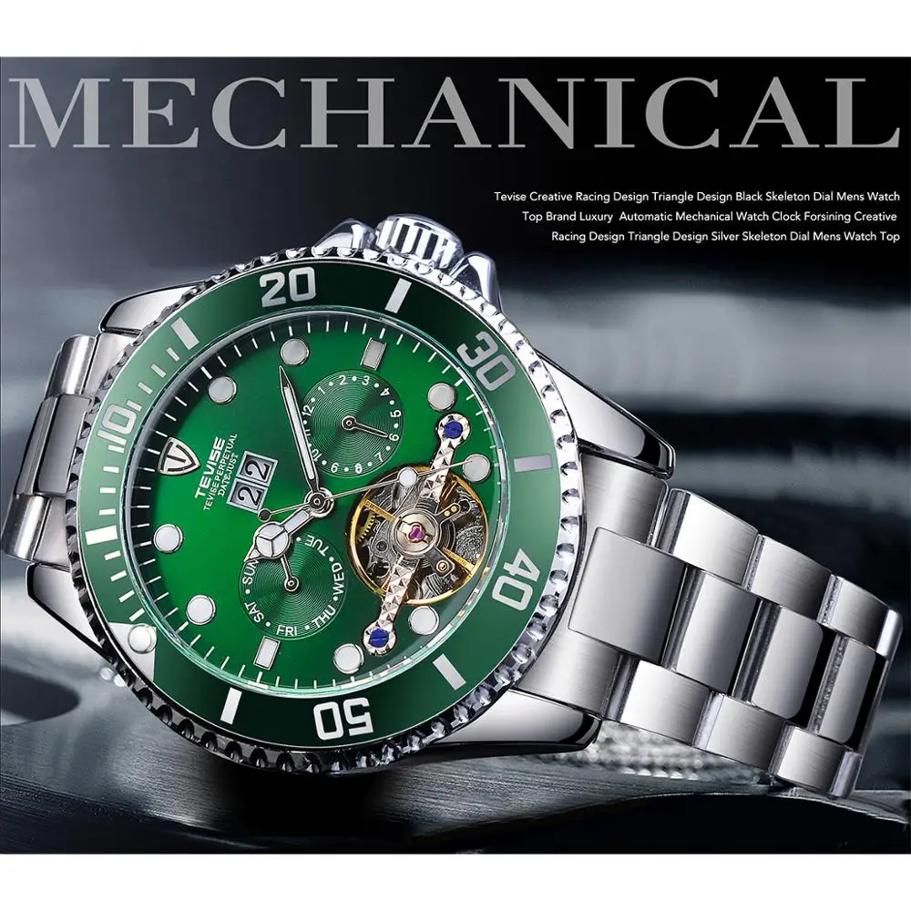 TEVISE 2020 Design Green Bezel Tourbillion Design Men Mechanical Automatic Sport Business Wristwatch Top Brand Luxury Male Clcok