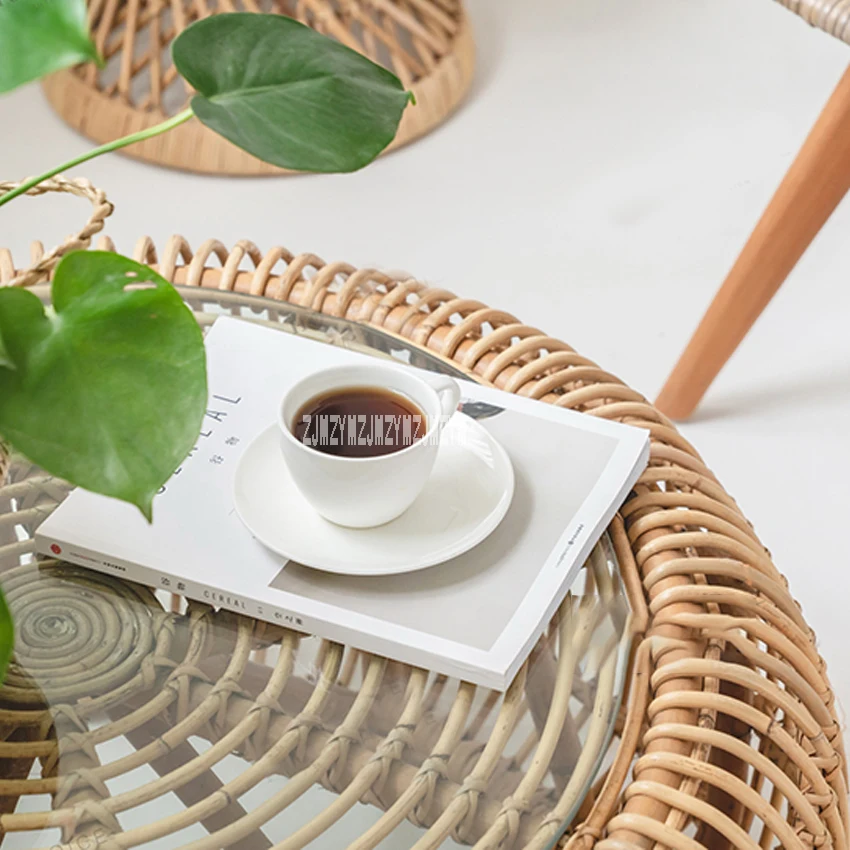 Round Rattan Coffee Table Hand-Woven Portable Living Room Real Rattan Tea Table Modern Minimalist Style Small Wicker Table