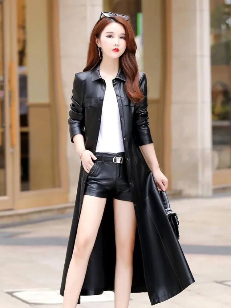 Long Leather Jacket Women Fall 2023 Fashion Plus Size Coat Sheepskin Turn-down Collar Full Sleeve Female Faux Leather Jackrts