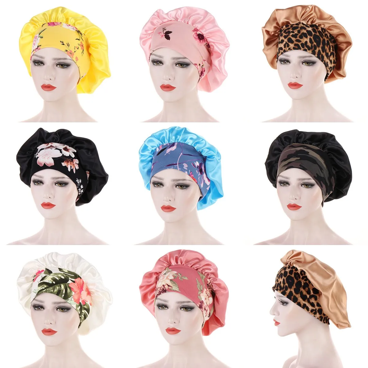 

Women European Style Satin Flower Wide Brim Night Cap Headband Turban Hat