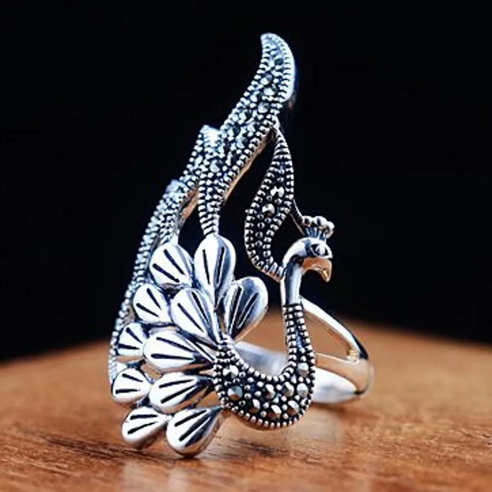 

s925 PURE SILVER female Thai silver restoring ancient ways process middle finger peacock fashion wholesale silver ring