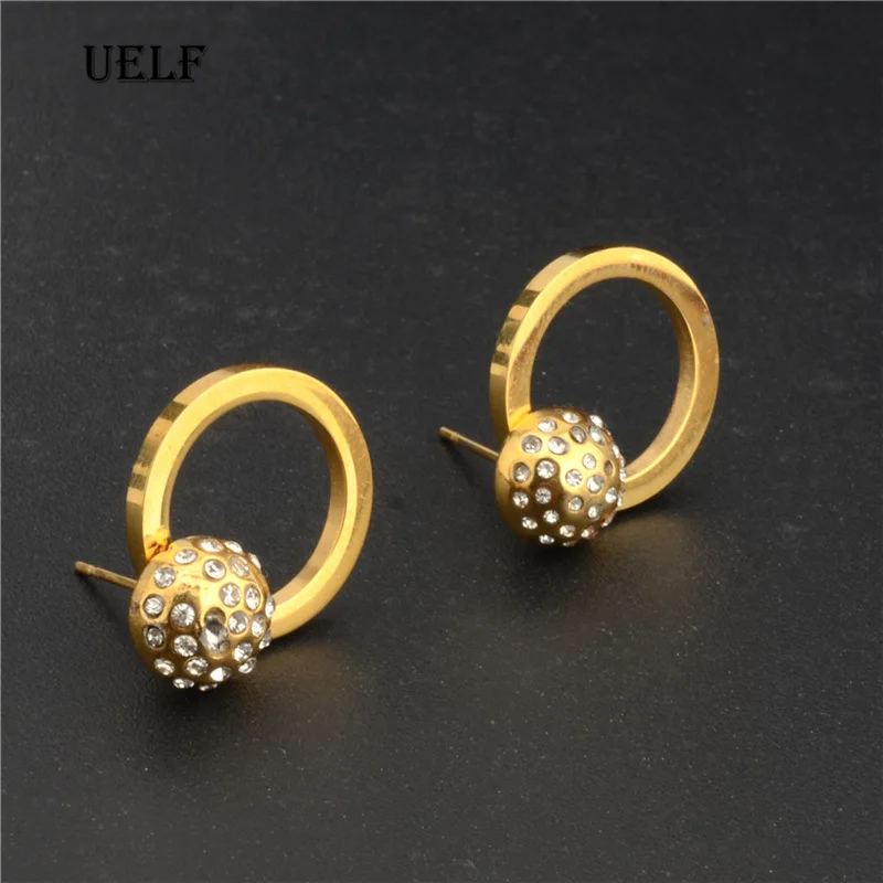 Uelf Fashion Stainless  Stud Earrings for Women Wedding Party Jewelry Round BallCZ Stone Earrings Brincos Christmas Gifts