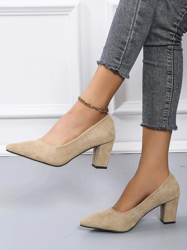 Aphixta 2022 New 7cm Chunky Heels Women Pumps Shoes Students And Mom Beige Suede Wedding Party Leisure Square Heels Plus Size