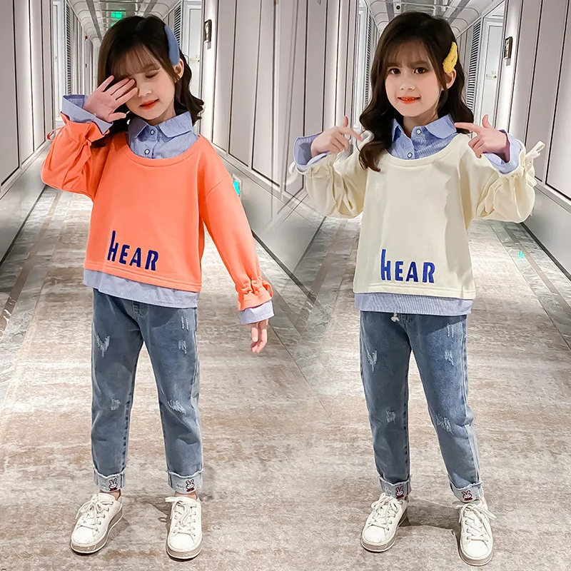 

Fake Two-piece Hoodies+Cowboy Pants Suit School Girl Outfit Korean Turn-down Collar 2021 New Spring fall Teenage Girls Clothing