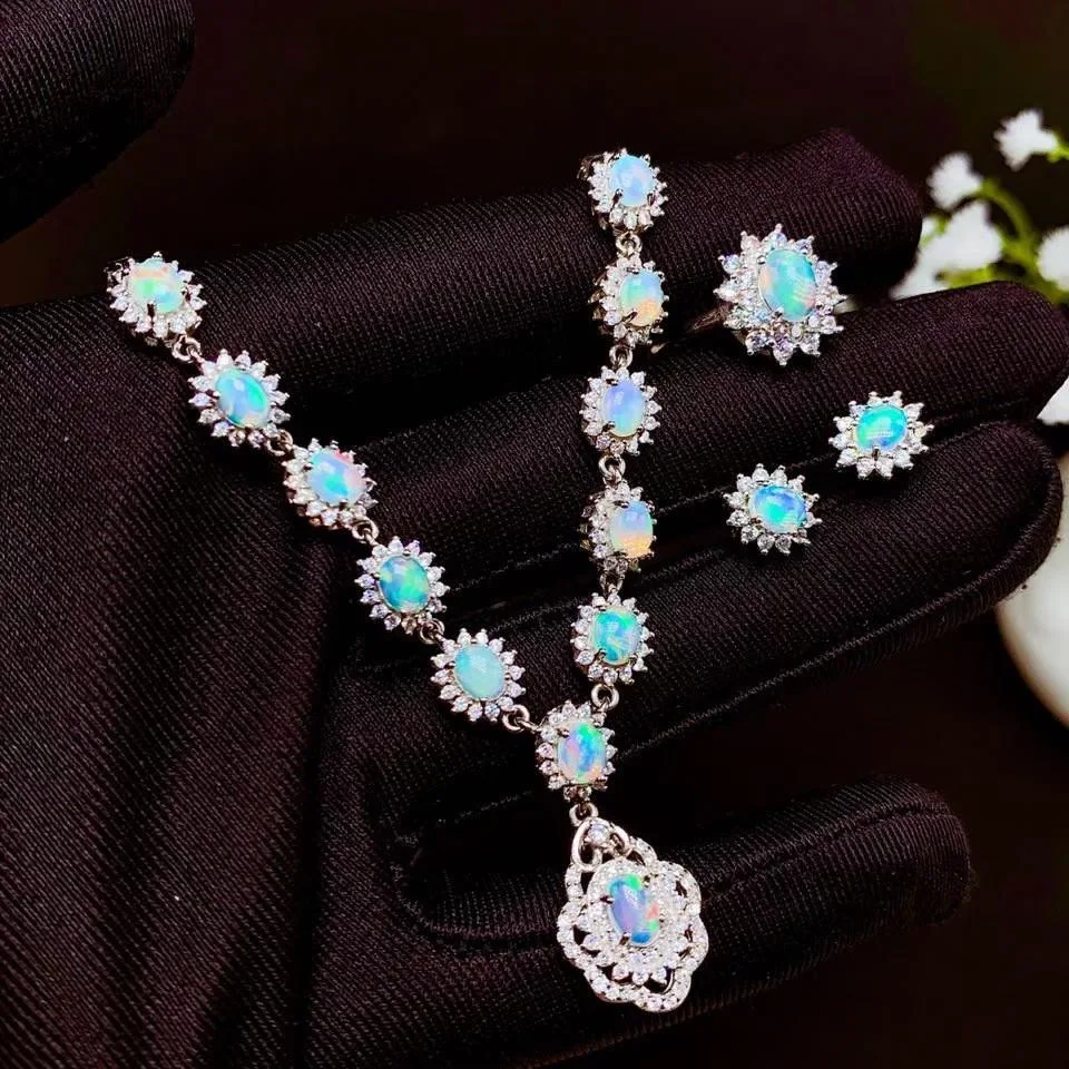 

Natural Australian Opal Ring Necklace, ladies attend the wedding party. Variable colour 925 Sterling Silver