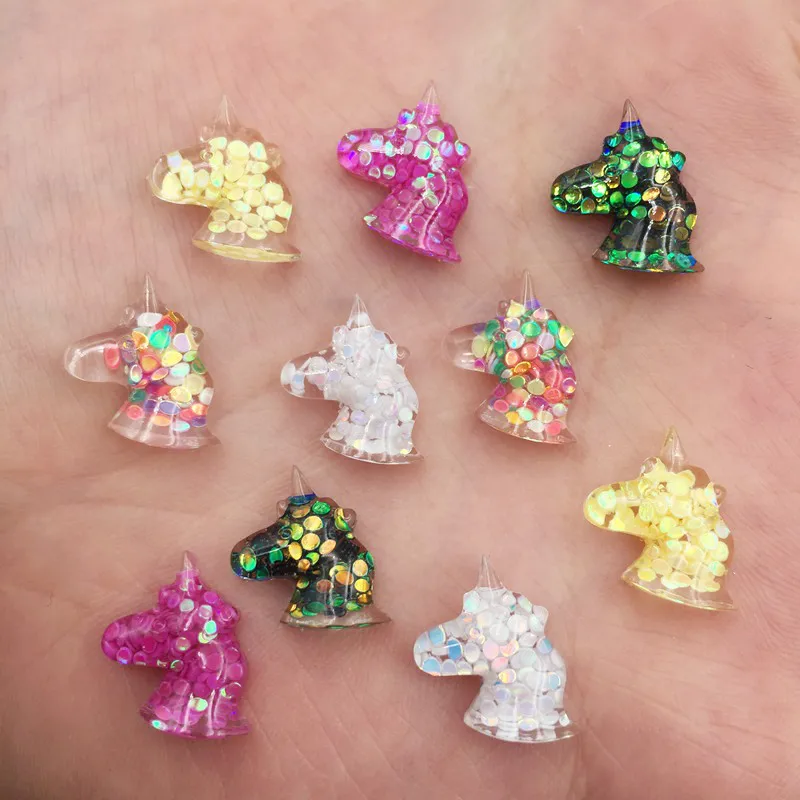 30Pcs Mix Resin Colorful Glitter Paillette Filled Unicorn Flatback Cabochon Rhinestone Scrapbook DIY Wedding Applique Ornament