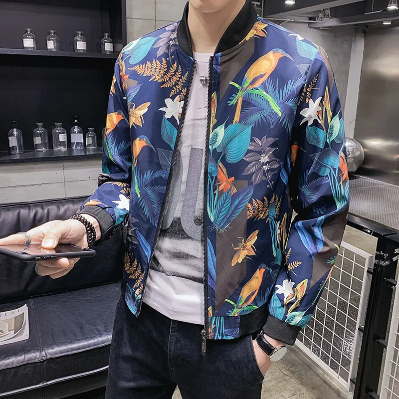 Fashion Casual Slim Jacket Men Spring Floral Print Business Bomber Jackets Streetwear Outwear Stand Collar Men's Coat Clothes