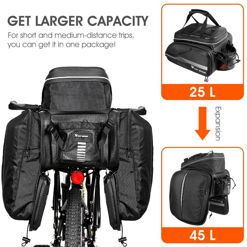 WEST BIKING 3 In 1 EVA Hard Shell Bike Bag Waterproof MTB Road Bicycle Trunk Seat Bag Large Capacity Travel Cycling Panniers