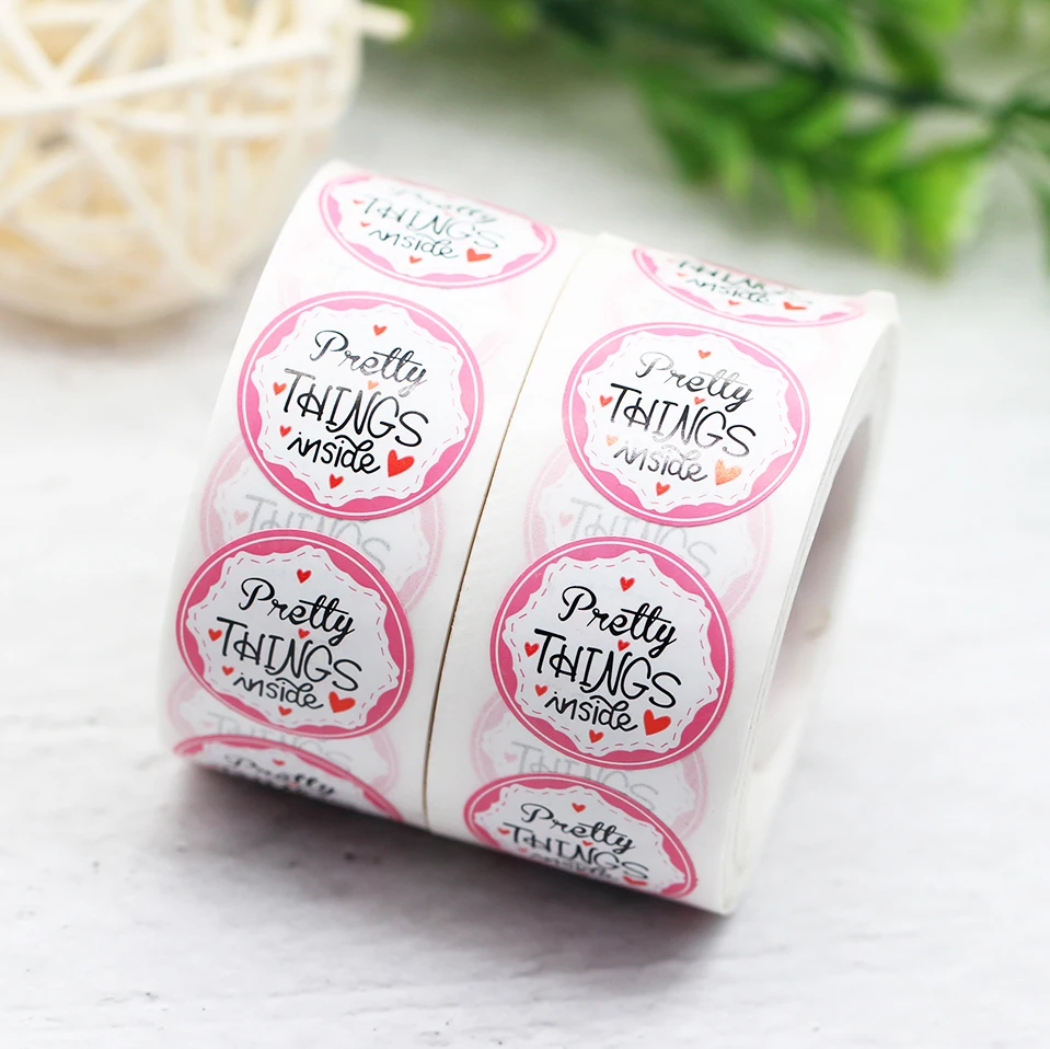 

500pcs/Roll Pink Pretty Things Inside Label Stickers 1 Inch Round Thank You Stickers With Hearts Gift box Cake Box Seal Stickers