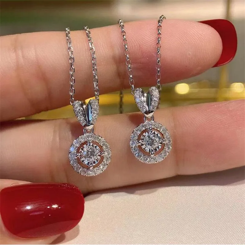 Classical Jewelry 925 Sterling Silver Round Cut White Topaz CZ Diamond Gemstones Party Cicle Pendant Womne Clavicle Necklace