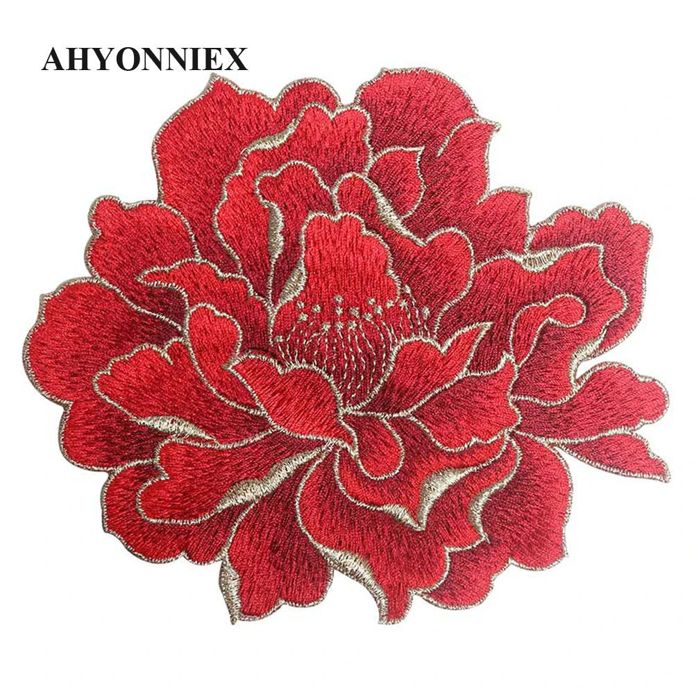 1 pezzo AHYONNIEX 9 colori abbigliamento di alta qualità Applique per indumenti toppe per fiori ricamate cucire su Patch di peonia senza colla