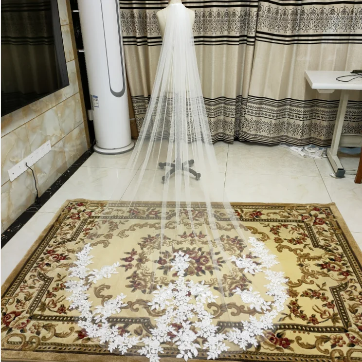 wedding veil White Ivory Cathedral Wedding Veils Long Lace Edge Bridal Veil with Comb Wedding Accessories Bride Veu