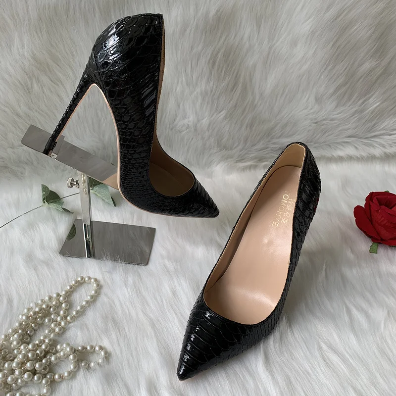 2023 Factory outlet custom made black patent snake python leather pointed toe 120mm high heel shoes pump plus size 12 on sale