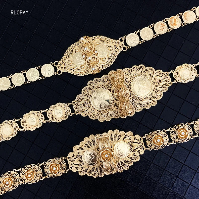 

New Design Napoleon Figure Coin Waist Chains Hollow Flower Belt Buckle Arabic Luxury Wedding Dress Belts Solid Gold Plating