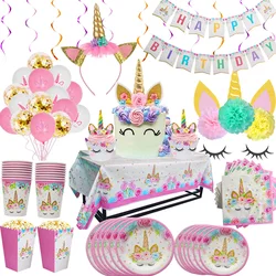 HUHULE Unicorn Disposable Tableware Set For Girl Birthday Party Decoration Kids Favors Unicornio Banner Baby Shower Supplies