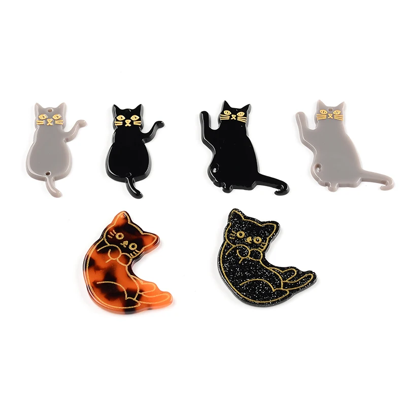 6PC Acetate Black Gray Amber Cat Relief Jewelry Accessories Hand Made Earrings Connectors DIY Pendant Findings Components Charms