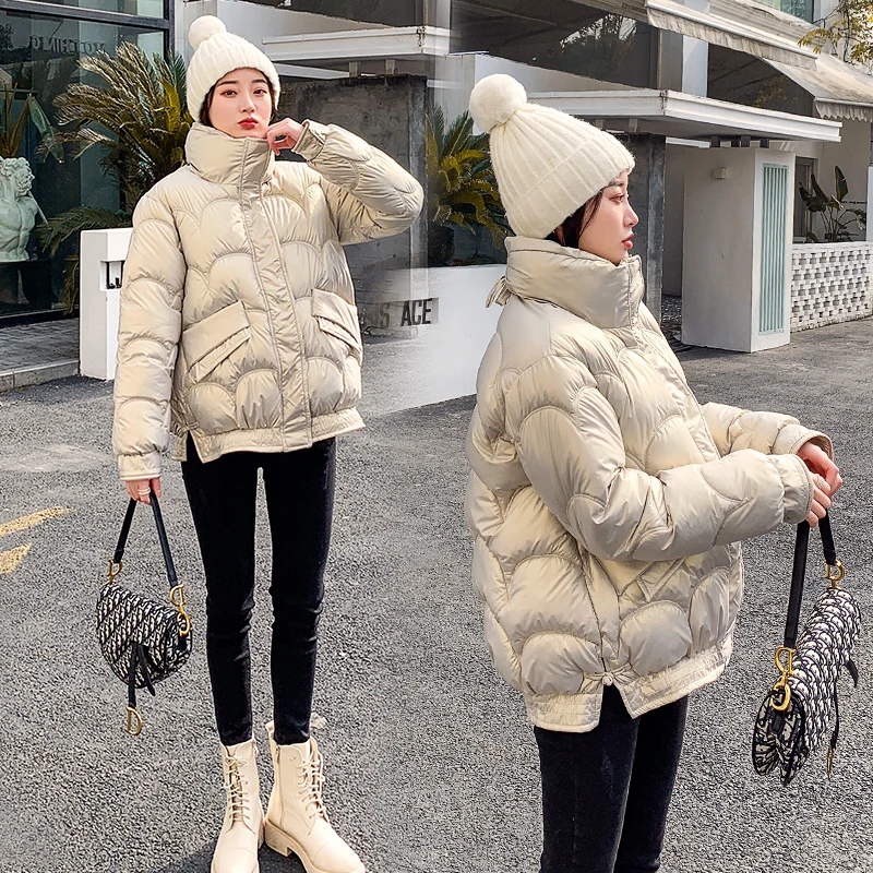 

Nice Winter Woman's Short Glossy Puffer Jacket Stand Collar Casual Thick Down Cotton Parkas Plus Size Female Bubble Coat Outwear