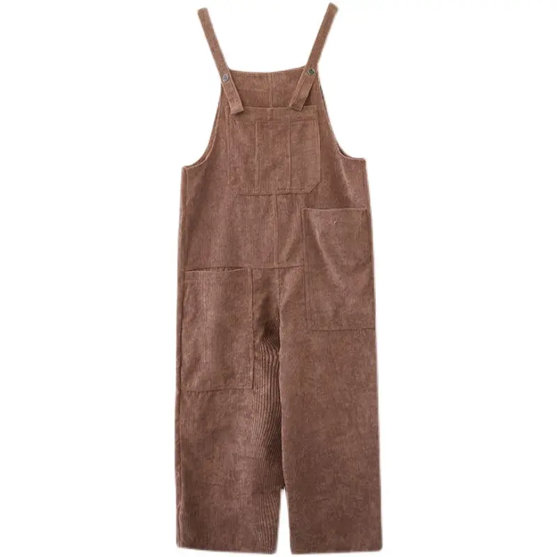 ฤดูหนาวกางเกง Casual Big กระเป๋า Corduroy Overalls สีทึบ Suspender Jumpsuit ผู้หญิงหนา Harem กางเกง M1285