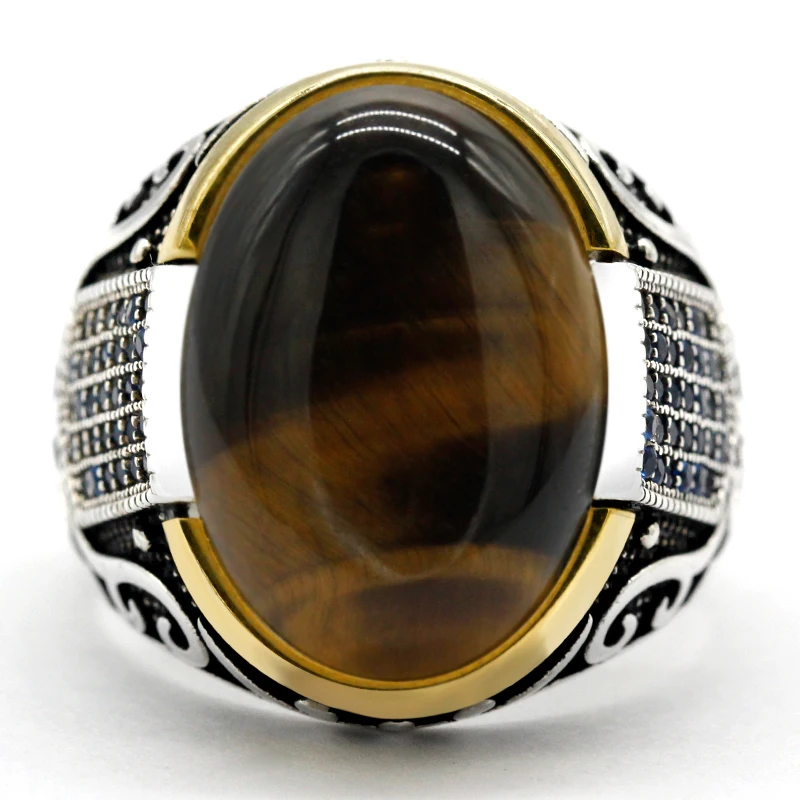 Genuine sterling silver antique Turkish ring with stone tiger eye men\'s colorful punk rock jewelry